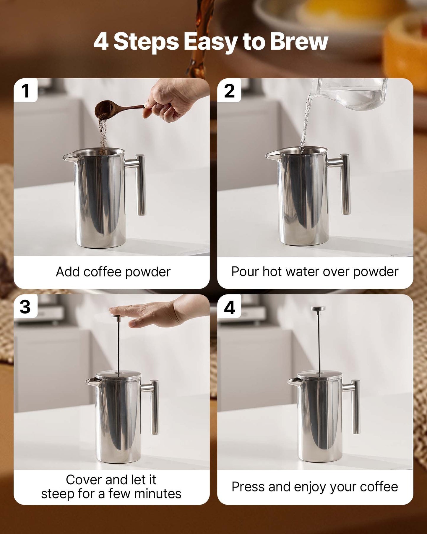 French Press Coffee Maker 34 Oz Stainless Steel French Coffee Press Silver